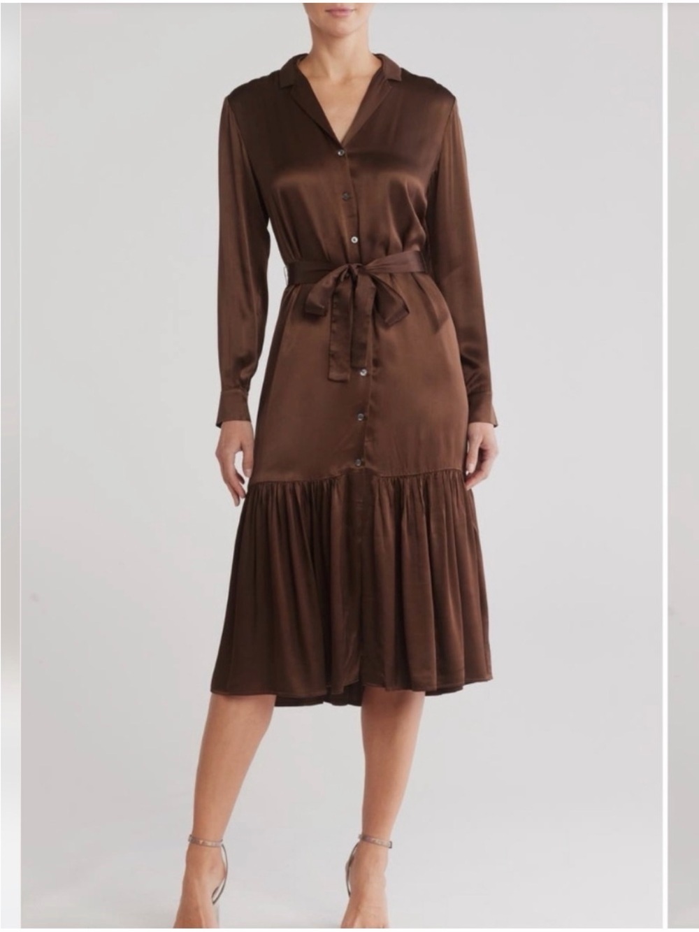 Rails Brown Satin Button-Front Midi Dress with Tie Waist
